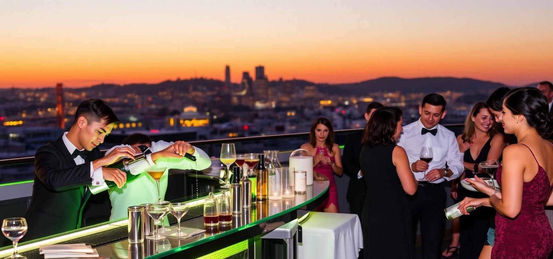 Bay Area bartenders and waitstaff serving guests at a rooftop event at sunset