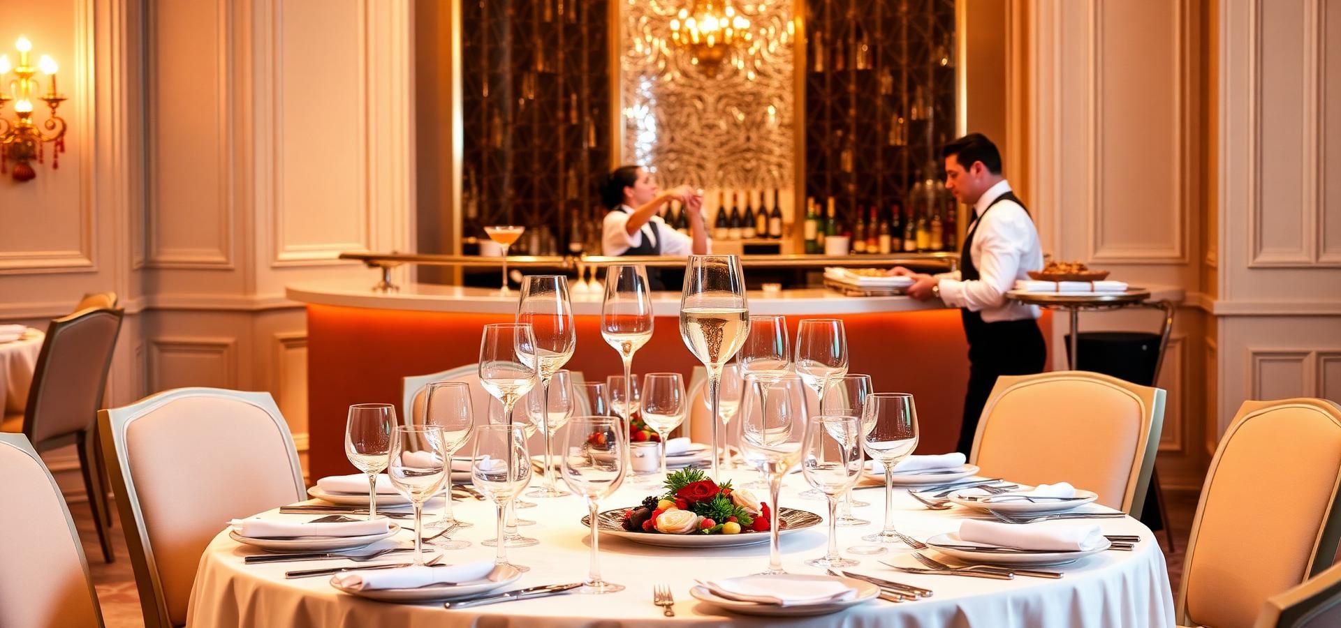 Elegant banquet table set with stemware as Bay Area waitstaff and bartenders work in the background